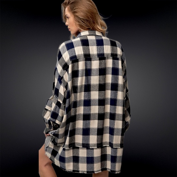 EASEL "Picnic Flannel" Oversize Cotton Shirt Dress Wide Sleeve Pockets Raw Seams - Picture 2 of 15
